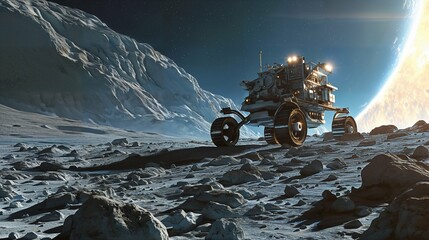 A shiny modern lunar rover on an alien planet. Interstellar exploration. Space colonization. Exoplanet with a rocky landscape.  - obrazy, fototapety, plakaty