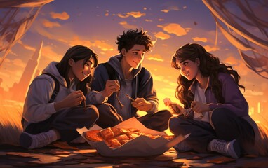Group of Teenagers Having Picnic with Pizza and More - obrazy, fototapety, plakaty