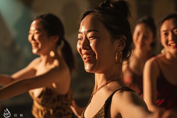 Group of Asian beauty women in their forties participating in an energetic dance workshop, embracing the rhythm and camaraderie of a lively salsa session generative ai
