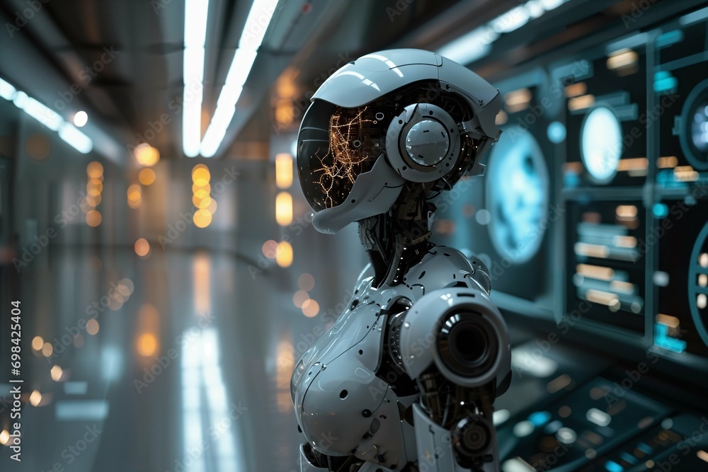 Poster futuristic robot in spaceship with lights and technology. female humanoid. artificial intelligence, 
