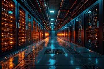 Futuristic server room. Rows of supercomputers in data center. Concept of global network, cloud computing, big data processing, information storage, hosting, internet, telecommunications. 3D rendering