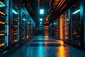 Server room with rows of rack-mounted servers. Supercomputer or mainframe. Data center. Cloud computing and big data storage. Artificial intelligence concept. Futuristic technology background