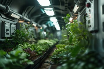 Artificial plants growing in futuristic space laboratory. Growing food on another planet. Botany and ecology concept. Human Space exploration and colonisation. Science fiction - obrazy, fototapety, plakaty