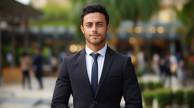 serious handsome Indian man in a suit against the background of the city center of Delhi, India, businessman, finance, banker, director, boss, success, style, worker, office, tie