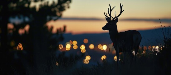 Deer outline in the evening - obrazy, fototapety, plakaty