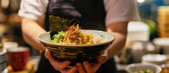 A noodle bowl offered by a ramen shop worker. - obrazy, fototapety, plakaty