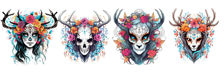 Set of Deer Skull Mask Girl, t-shirt vector on a transparent background