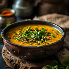 A bowl of creamy Dal Fry, photographed with a zoom lens for an intimate setting.--v6.0 Generative AI