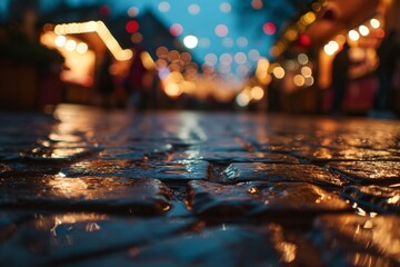 After the rain at the Christmas market: Glistening wet street stones under the night sky, adorned...