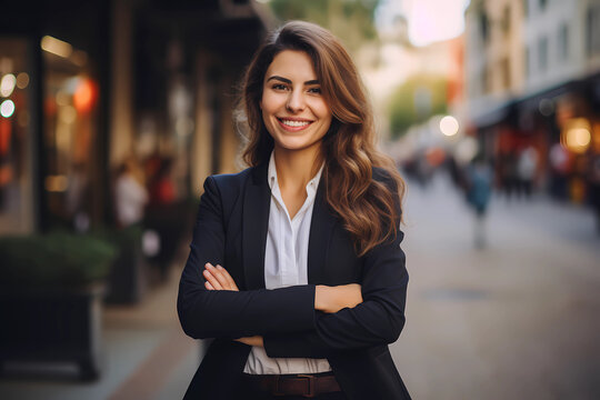 Young Happy Pretty Smiling Professional Business Woman, Happy Confident Positive Female Entrepreneur Standing Outdoor On Street Arms Crossed, Looking At Camera