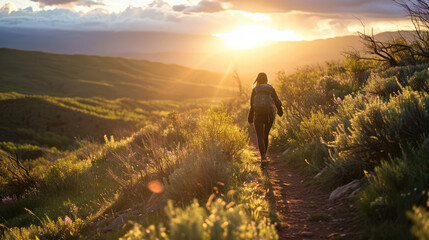 Young woman hiking along path in dry climate, god rays, sunrise - obrazy, fototapety, plakaty