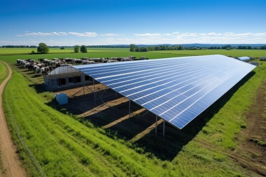 Top view image of a dairy farm with large agricultural land. Install solar panels to generate electricity and provide shade for cows and reduce heat stress
