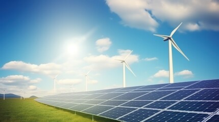 Solar panels and wind turbines produce electricity. Electric power station and renewable green energy with blue sky background Ecological energy concept