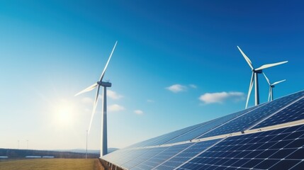 Solar panels and wind turbines produce electricity. Electric power station and renewable green energy with blue sky background Ecological energy concept