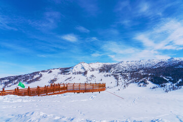 Winter Ski Resort and Snowy Mountains and Scenery in Xinjiang, China