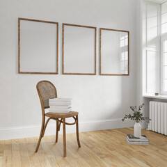 Mockup poster frame interior background living room cozy Scandinavian style in empty picture and sofa in illustration 3d rendering.