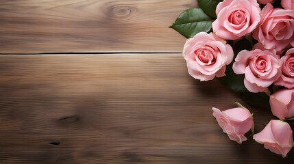 beautiful rose flowers on a wooden table, copy space