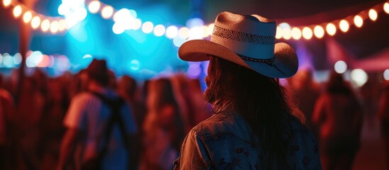 A fan of country music attends a concert in a cowboy hat. - obrazy, fototapety, plakaty