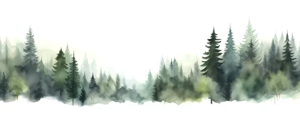 Foto op Plexiglas Watercolor illustration of a foggy spruce forest isolated on whi © tiena
