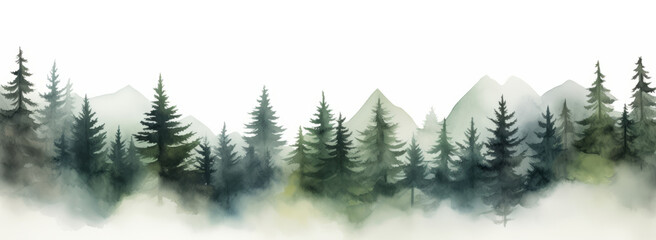 Watercolor illustration of a foggy spruce forest isolated on whi - obrazy, fototapety, plakaty