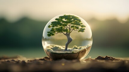 Sustainable World: Tree of Life in Glass Globe at Sunset - obrazy, fototapety, plakaty