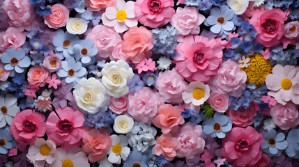 Flowers wall background with amazing spring flowers - obrazy, fototapety, plakaty