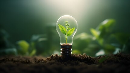 Light bulb with a plant growing inside - concept of caring for the environment and sustainable energy - obrazy, fototapety, plakaty