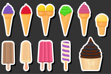 Illustration on theme big kit ice cream popsicle different types in cone waffle cup