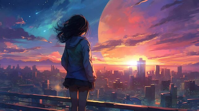 anime style evening scene with school girls looking at the beautiful moon. seamless looping time-lapse virtual video Animation Background.
