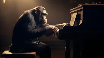 The chimpanzee plays the piano. Animal and classical music. The harmony of nature meets in...