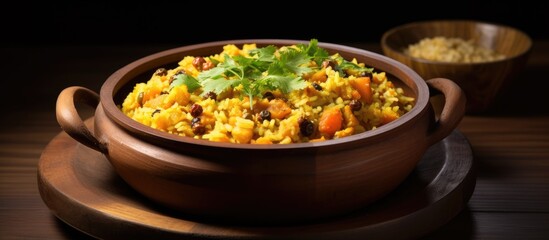 Bhagar is a traditional Indian fasting dish made with Barnyard millet rice and known as samo or sama pulao rice khichdi. It is a closeup of Maharashtrian Gujarati vrat upawas food. - obrazy, fototapety, plakaty