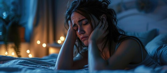 Distressed woman with sleep issues on bed at night.