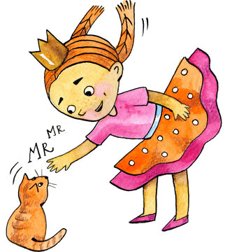 A girl princess is stroking a ginger cat. Watercolor illustrations