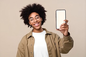 happy african american teen student holding mobile cell phone pointing finger smartphone mock big screen template presenting application using cellphone showing ad isolated beige background - obrazy, fototapety, plakaty