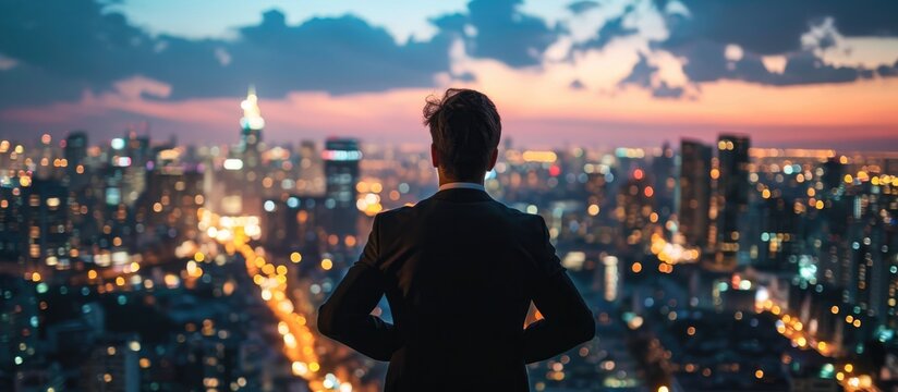 Confident businessman admiring cityscape from rooftop at twilight.