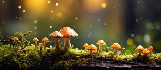 Autumn forest with moss and bokeh, showcasing mushrooms in macro photography.