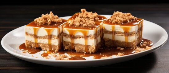 Biscoff Cheesecake slices presented on a plate with a touch of brown sugar. - obrazy, fototapety, plakaty