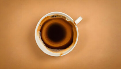 Top view of an isolated coffee cup filled with beverage in empty background 