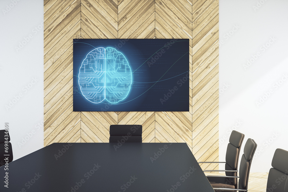 Aufkleber Creative artificial Intelligence symbol on presentation tv screen in a modern meeting room. Neural networks and machine learning concept. 3D Rendering
