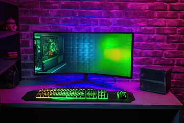 colorful bright illuminated rgb gaming pc keyboard mouse monitor green screen copy space front led light brick stone wall computer playing hardware games background
