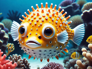 Fototapeta na wymiar Blow fish underwater scene with coral