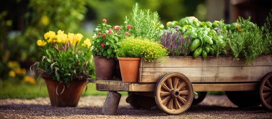 Fototapeta na wymiar Backyard garden with spicy herbs in planters and flower in wheelbarrow at home.