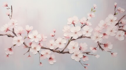 Panoramic view of pink cherry blossoms extending over solid backdrop. - obrazy, fototapety, plakaty
