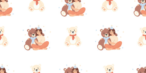 Seamless pattern. Birthday Happy woman hugging teddy bear toy on white background. Vector illustration in flat style. Festive design.
