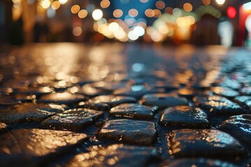 After the rain at the Christmas market: Glistening wet street stones under the night sky, adorned...