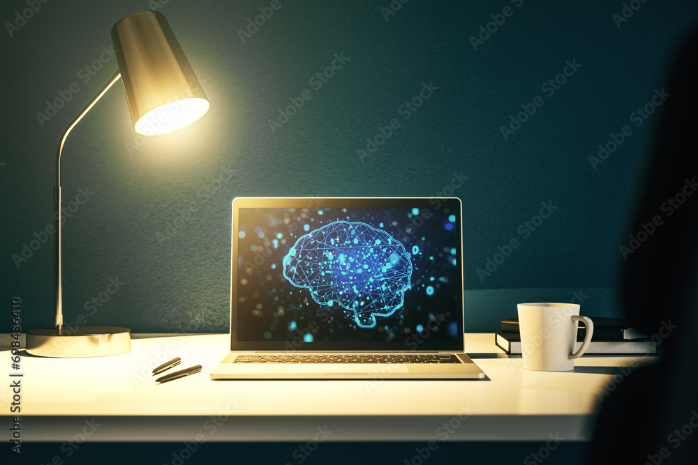 Leinwandbilder Modern computer monitor with creative artificial Intelligence symbol. Neural networks and machine learning concept. 3D Rendering