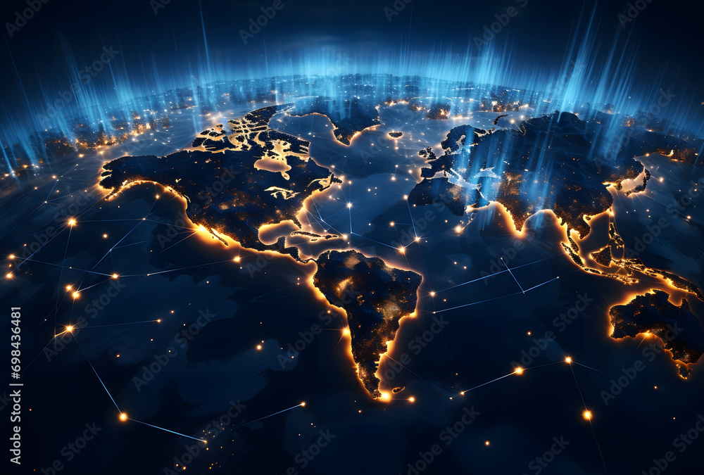 Poster global worldwide network connection and data connections concept. a world map with a blue light conn