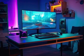 powerful personal computer gamer rig first person shooter game screen monitor stands table home cozy room modern design lit warm neon light