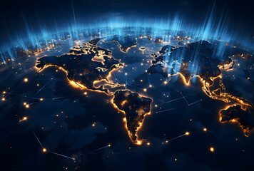 Global worldwide network connection and data connections concept. A world map with a blue light connected to it, gold and navy, global influences. Communication technology for internet. - obrazy, fototapety, plakaty