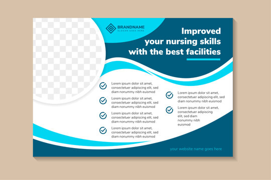 improved your nursing skills with the best facilities flyer of standard size with a place for photos. horizontal layout design template. vector illustration. multicolor blue colors element with photo.